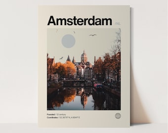 May include: A vintage-style poster with a photo of Amsterdam, Netherlands. The poster features a view of the city's canals and buildings, with a sunset sky in the background. The text "Amsterdam /NL" is at the top of the poster, and the text "Founded / 12 century" and "Coordinates / 52.3676° N, 4.9041° E" is at the bottom.