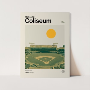 Affiche moderne d'Oakland Coliseum, affiche de A, minimaliste, Helvetica, moderne milieu de siècle, art de baseball, affiche de stade de baseball