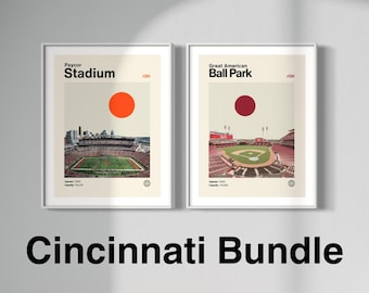 Cincinnati Sports Art Bundle Poster, Paycor Stadium and Great American Ball Park Poster, Mid-Century Modern, Reds, Bengals, Minimalist