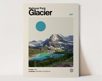 Póster del Parque Nacional Glaciar, minimalista, estilo Helvética, estilo moderno de mediados de siglo, impresión de viaje al Parque Nacional Glaciar, arte del Parque Nacional Glaciar