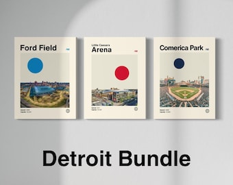 Detroit Sports Art Bundle Poster, Ford Field, Little Caesars Arena, Comerica Park, Lions, Tigers, Pistons, Mid-Century Modern, Minimalist