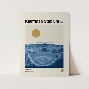 Könnte beinhalten: Ein Vintage-Poster des Kauffman Stadiums in Kansas City, Missouri. Das Poster zeigt eine blaue und weiße Illustration des Stadions mit einem Baseballfeld und einer Anzeigetafel. Das Poster enthält auch den Text "Kauffman Stadium /MO", "Eröffnet / 1973", und "Kapazität / 37.903".