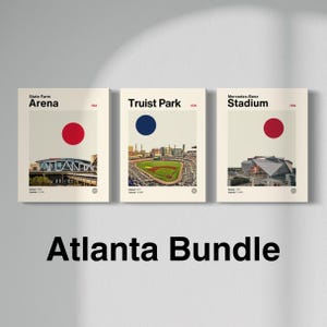 Póster de arte deportivo de Atlanta, estadio Mercedes-Benz, Truist Park, State Farm Arena, Falcons, Hawks, Braves, arte moderno de mediados de siglo