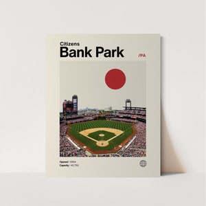 May include: A vintage-style poster featuring a baseball stadium, Citizens Bank Park in Philadelphia, Pennsylvania. The poster is beige with a red circle and black text that reads "Citizens Bank Park / PA". The stadium is shown from above, with the green field and the stands filled with people. The text "Opened / 2004 Capacity / 42,792" is at the bottom of the poster.