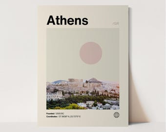 May include: A minimalist poster with a beige background featuring a photograph of the Acropolis in Athens, Greece. The poster includes the text "Athens", "Founded/3000 BC", "Coordinates/37.9838°N 23.7275°E", and "/GR".