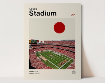 Levi Stadium-affisch, 49ers-affisch, minimalistisk, Helvetica, mitten av århundradet modern, fotbollskonst, fotbollsstadionaffisch, San Francisco 49ers