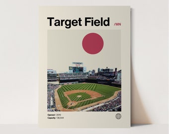 Doelveldposter, poster tweeling, minimalistisch, Helvetica, midden van de eeuw modern, honkbalkunst, poster honkbalstadion, poster Minnesota Twins