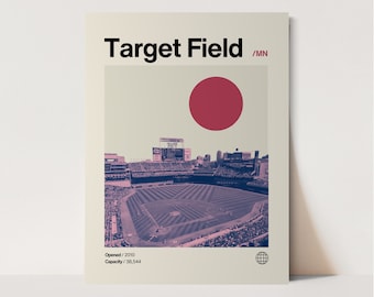 Doelveldposter, Twinsposter, minimalistisch, Helvetica, Mid-Century Modern, honkbalkunst, honkbalstadionposter. Minnesota tweeling retro