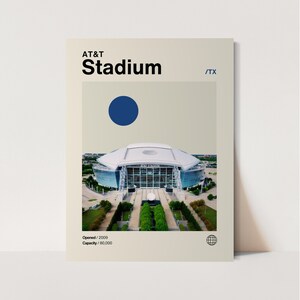May include: An aerial view of AT&T Stadium in Arlington, Texas. The stadium is a large, modern structure with a retractable roof. The stadium is surrounded by a large parking lot and a grassy field. The text "AT&T Stadium /TX" is at the top of the image. The text "Opened/ 2009 Capacity/ 80,000" is at the bottom of the image.