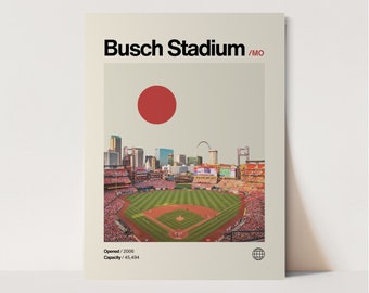 Busch Stadium-affisch, Cardinals-affisch, minimalistisk, Helvetica, mitten av århundradet modern, basebollkonst, basebollstadionaffisch