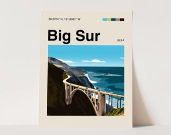 Big Sur Poster, minimalistisch, Helvetica, Mid-Century Modern, Big Sur Reisedruck, Surf Poster, Strand Wandkunst, Strandhaus Kunst