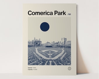 Comerica Park Monotone Poster, Tigers Poster, Minimalistisch, Helvetica, Mid-Century Modern, Baseball-Kunst, Baseball-Stadion-Poster. Detroit MLB