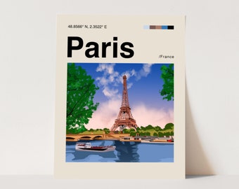 May include: A minimalist poster with a photo of the Eiffel Tower in Paris, France. The poster has a beige background with the text "Paris" in black and the coordinates "48.8566° N, 2.3522° E" in gray. The poster also includes a small color palette with shades of blue, brown, and gray.