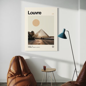 Op de afbeelding: Een minimalistische poster met een beige achtergrond met een foto van het Louvre Museum in Parijs, Frankrijk. De poster heeft het woord "Louvre" in vetgedrukt zwart bovenaan en de tekst "Gesticht: 1793" en "Co&ouml;rdinaten: 48.8606&deg; N, 2.3376&deg; E" onderaan. De poster bevat ook een klein wereldbolpictogram.