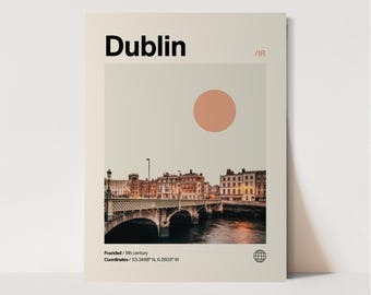 May include: A minimalist poster with a beige background featuring a cityscape of Dublin, Ireland. The poster includes the city name, "Dublin", the year it was founded, "9th century", and its coordinates, "53.3498° N, 6.2603° W". A large, peach-colored circle is in the upper right corner of the poster.