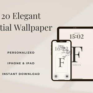 Può includere: Immagine di un prodotto digitale con uno smartphone e un tablet che mostrano uno sfondo iniziale personalizzato. Il testo recita "20 Elegant Initial Wallpaper", "Personalized", "iPhone & iPad" e "Instant Download."