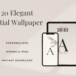 Può includere: Un'immagine con uno smartphone e un tablet che mostrano un elegante design di sfondo iniziale. Il telefono e il tablet mostrano la lettera "A" con la parola "Ambition" sotto. L'immagine include anche il testo "20 Elegant Initial Wallpaper", "Personalized", "iPhone & iPad" e "Instant Download".