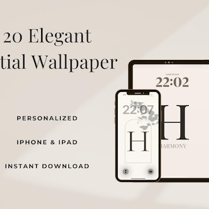 Può includere: Un design di sfondo digitale con l'iniziale nera "H" su sfondo bianco, visualizzato su un telefono e un tablet. L'immagine include il testo "20 Elegant Initial Wallpaper", "Personalizzato", "iPhone & iPad" e "Download istantaneo".