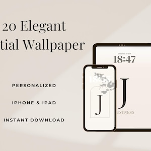 Può includere: Immagine di un prodotto digitale con uno smartphone e un tablet che mostrano eleganti sfondi iniziali. Il telefono e il tablet mostrano la lettera "J" in un design minimalista. Il testo include "20 Elegant Initial Wallpaper", "Personalized", "iPhone & iPad" e "Instant Download".
