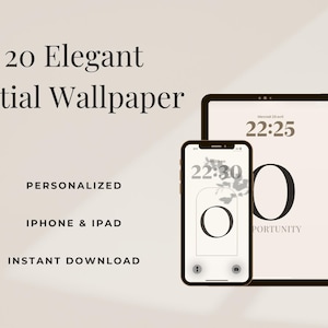 Può includere: Immagine di un prodotto digitale con uno smartphone e un tablet che mostrano un design di sfondo iniziale minimalista. Il testo sull'immagine recita "20 Elegant Initial Wallpaper", "Personalized", "iPhone & iPad" e "Instant Download".