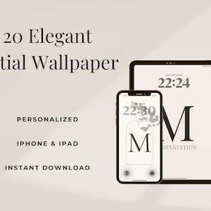 Può includere: Un'immagine con uno smartphone e un tablet che mostrano un design di sfondo iniziale minimalista. Lo sfondo mostra la lettera "M" in un carattere elegante. Il testo sull'immagine recita "20 Elegant Initial Wallpaper", "Personalized", "iPhone & iPad" e "Instant Download".