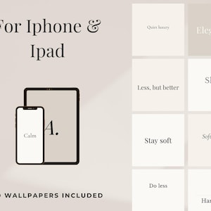 Può includere: Set di sfondi digitali per iPhone e iPad. L'immagine presenta uno smartphone e un tablet, con le parole "Calm" e "A." visualizzate sugli schermi. Il testo aggiuntivo include "For iPhone & iPad" e "20 Wallpapers Included."