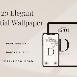 Può includere: Immagine di un prodotto digitale con uno smartphone e un tablet che mostrano un design di sfondo iniziale minimalista. I dispositivi mostrano la lettera "D" e la parola "Discipline". L'immagine include anche il testo "20 Elegant Initial Wallpaper", "Personalized", "iPhone & iPad" e "Instant Download".