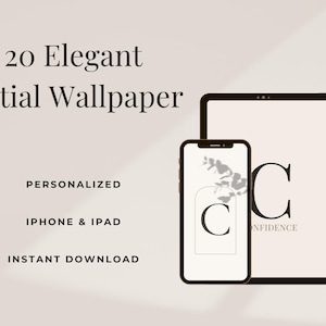 Può includere: Annuncio per 20 Eleganti Sfondi Iniziali, con uno smartphone e un tablet che mostrano la lettera "C". Il testo include "Personalizzato", "iPhone & iPad" e "Download istantaneo". La combinazione di colori è neutra.