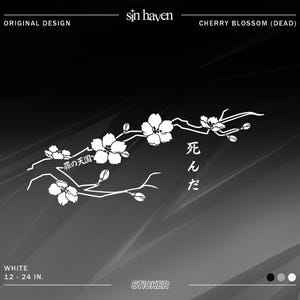 May include: White sticker with a black and white illustration of a cherry blossom branch with the Japanese text "罪の天国" and "死んだ" which translates to "Kingdom of Sin" and "Died".