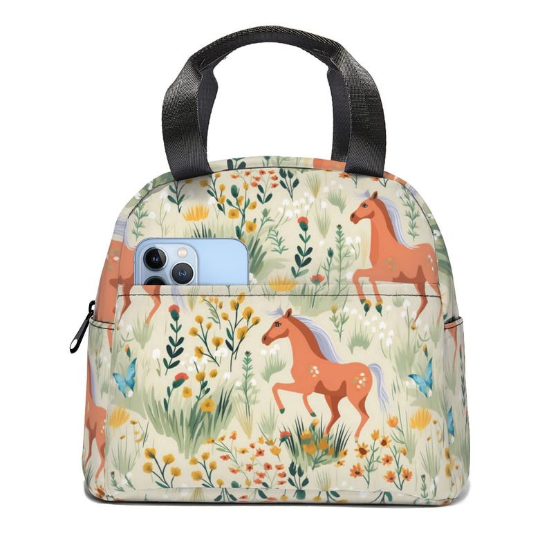 Bolsa de almuerzo con diseño de caballo: bolsa reutilizable y térmica para la escuela, el trabajo y el picnic. White