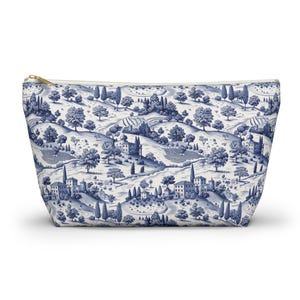 French Toile Pouch Bag  Blue Country Vintage Cosmetic Bag a Toilette Case Chinoiserie Bag