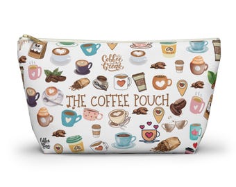 May include: White zippered pouch with a colorful pattern of coffee cups, coffee beans, and the text "The Coffee Pouch".