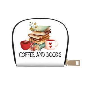 Cartera de cuero para tarjetas de crédito para amantes del café y los libros para mujeres, billetera de estilo femenino, estuche con cremallera de semicírculo, tarjetero de presentación