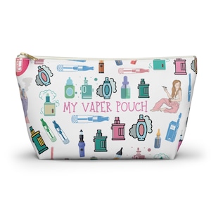 May include: White zippered pouch with a colorful pattern of vaping devices and the text "My Vapor Pouch".