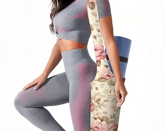Floral Yoga Mat Storage Bag Floral  Rose Print Gym Tote with Pockets