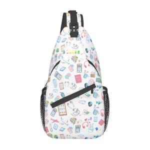 May include: White sling backpack with a black strap and mesh side pockets. The bag is covered in a colorful pattern of tech-related icons, including headphones, phones, and tablets. The bag has a black buckle closure at the top.