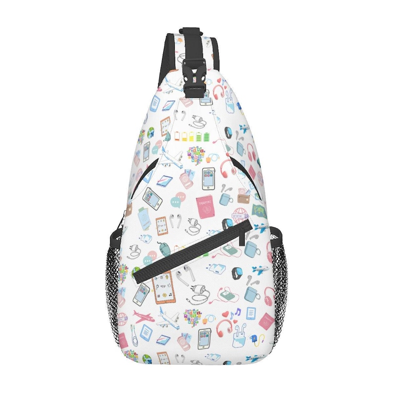 May include: White sling backpack with a black strap and mesh side pockets. The bag is covered in a colorful pattern of tech-related icons, including headphones, phones, and tablets. The bag has a black buckle closure at the top.