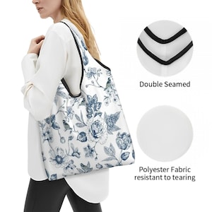 Toile Chinoiserie Folding Reusable Grocery Bags Waterproof Eco Friendly Reusable Market Bag, Gift for Her