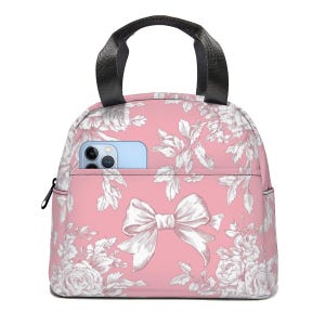 Coquette Bow Lunch Bag - Isolierte Reißverschlusstasche für Frauen, wiederverwendbarer Lunch Cooler für Schule, Arbeit & Picknick. Romantische Shabby Barroco Tasche
