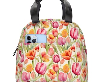 Sac à lunch tulipe florale : fourre-tout isolé à fermeture éclair réutilisable