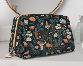 Neceser de maquillaje con diseño floral Cottagecore: organizador grande de viaje para cosméticos y artículos de tocador
