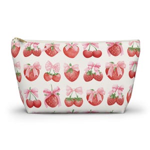 Coquette Strawberry Pouch | Cute Strawberry Bow Travel Bag | Cottagecore Utility Pouch | Aesthetic Botanical Gift