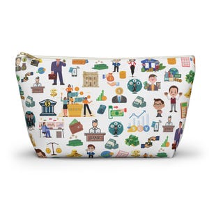 May include: White zippered pouch with a colorful pattern of money, people, and financial symbols. The pattern includes dollar bills, coins, graphs, buildings, and people working in finance.