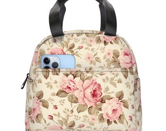 Floral Pink Roses Insulated Lunch Bag: Reusable Cooler Tote