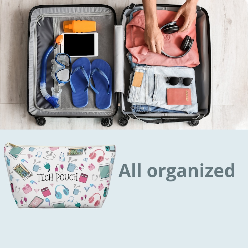 May include: A white zippered pouch with a colorful print of various tech items, including headphones, phones, and charging cables. The pouch has the text "TECH POUCH" printed on it.