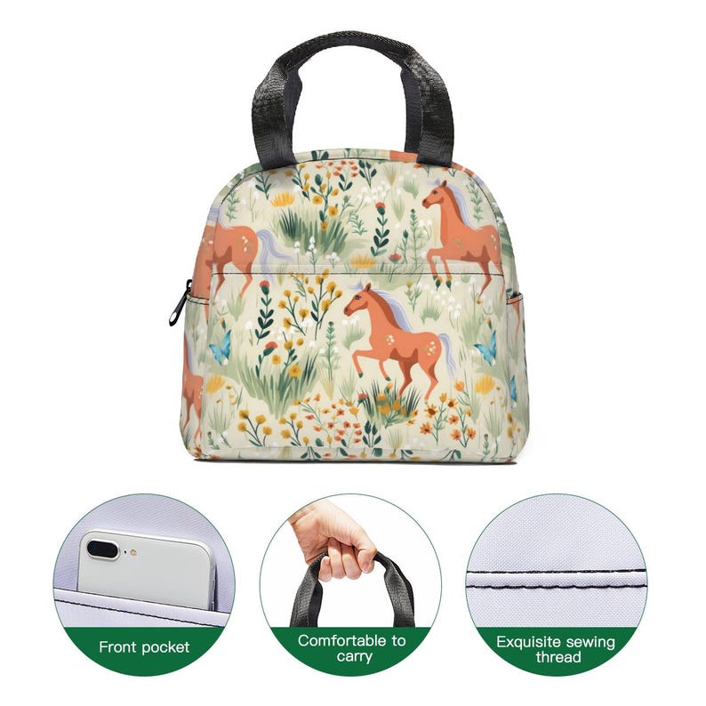 Bolsa de almuerzo con diseño de caballo: bolsa reutilizable y térmica para la escuela, el trabajo y el picnic. imagen 7