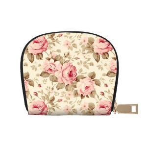 Portefeuille porte-cartes de crédit en cuir à fleurs pour femme, Porte-cartes de style féminin, Étui à fermeture éclair demi-cercle, Carte de visite