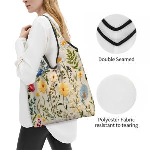 Floral Reusable Shopping Bag Foldable Grocery Bag, Faux Embroidered Shopping Bag  Farmer's Market  Eco-Friendly Gift
