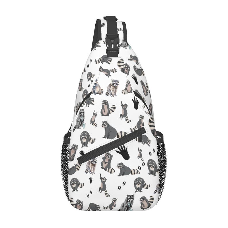 Bolso bandolera con estampado de mapache: bolso de viaje impermeable para el pecho Black