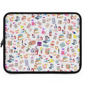 May include: A white laptop sleeve with a colorful pattern of pills, capsules, and bottles. The pattern is repeated throughout the sleeve.